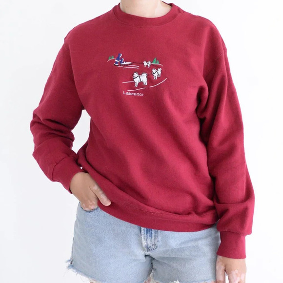 Vintage Fruit Of The Loom Embroidered  Labrador Sledding Crewneck Sweater M - Picture 1 of 11